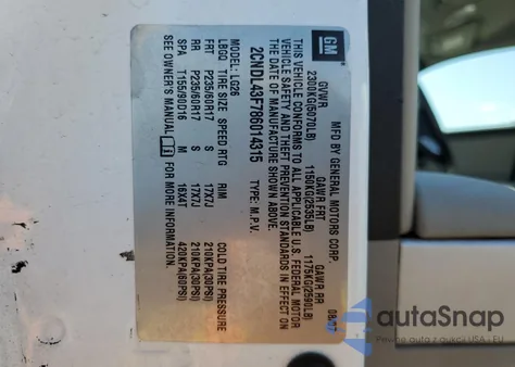 2008 Chevrolet Equinox Lt from USA, damaged, VIN 2CNDL43F786014315